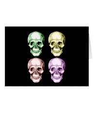 The human skull singularly and in groups, in various colors and arrangements. Greetings cards.