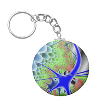 Keychains with digital art designs.