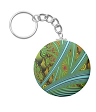 Keychains with digital art designs.