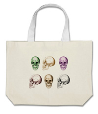 Details of the human skull singularly and in groups, in various colors and arrangements. Tote bags.