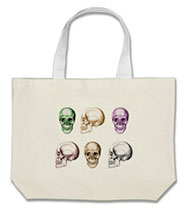 Details of the human skull singularly and in groups, in various colors and arrangements. Tote bags.