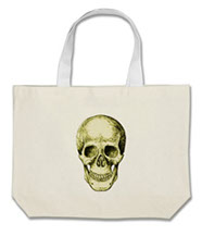 Details of the human skull singularly and in groups, in various colors and arrangements. Tote bags.