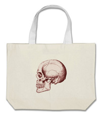 Details of the human skull singularly and in groups, in various colors and arrangements. Tote bags.