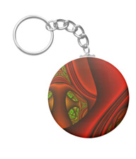 Keychains with digital art designs.