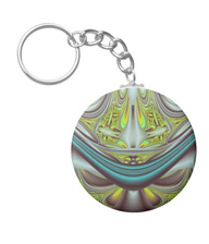 Keychains with digital art designs.