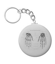 Keychains with designs based on bones of the human body.