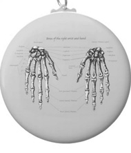Keychains with designs based on bones of the human body.