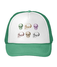 Details of the human skull singularly and in groups, in various colors and arrangements. trucker hats