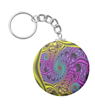 Keychains with digital art designs.