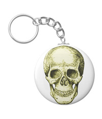 Details of the human skull singularly and in groups, in various colors and arrangements. Keyrings / keychains