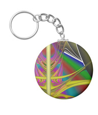 Keychains with digital art designs.