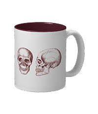 Details of the human skull singularly and in groups, in various colors and arrangements. Mugs and other drinkware.