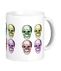 Details of the human skull singularly and in groups, in various colors and arrangements. Mugs and other drinkware.