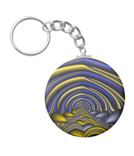 Keychains with digital art designs.