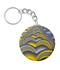 Keychains with digital art designs.