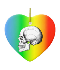 Details of the human skull singularly and in groups, in various colors and arrangements. Ornaments