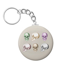 Keychains with designs based on bones of the human body.