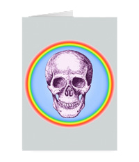 The human skull singularly and in groups, in various colors and arrangements. Greetings cards.