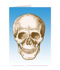 The human skull singularly and in groups, in various colors and arrangements. Greetings cards.