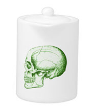 Details of the human skull singularly and in groups, in various colors and arrangements. Kitchenware.