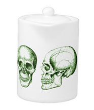 Details of the human skull singularly and in groups, in various colors and arrangements. Kitchenware.