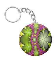 Keychains with digital art designs.