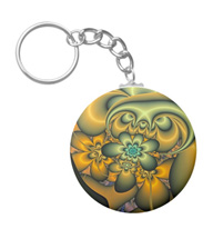 Keychains with digital art designs.