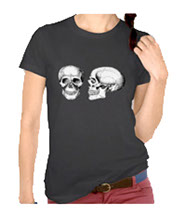 Details of the human skull singularly and in groups, in various colors and arrangements. Women's t-shirts.