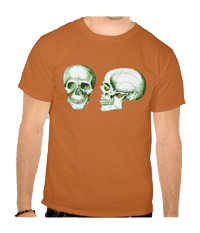 Details of the human skull singularly and in groups, in various colors and arrangements. Men's t-shirts