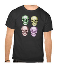 Details of the human skull singularly and in groups, in various colors and arrangements. Men's t-shirts