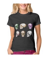 Details of the human skull singularly and in groups, in various colors and arrangements. Women's t-shirts.