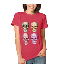 Details of the human skull singularly and in groups, in various colors and arrangements. Women's t-shirts.