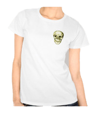 Details of the human skull singularly and in groups, in various colors and arrangements. Women's t-shirts.