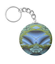 Keychains with digital art designs.