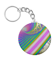 Keychains with digital art designs.